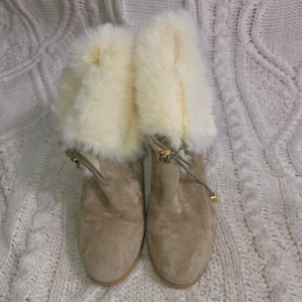 RV Roger Vivier Taupe‎ Suede Leather Fox Fur Lined Ankle Boots Women 36 5.5 6